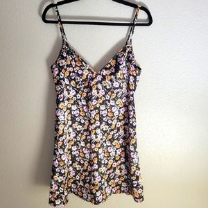 Forever21 Black and Floral Print, Mini Satin Slip-Dress, Size Medium